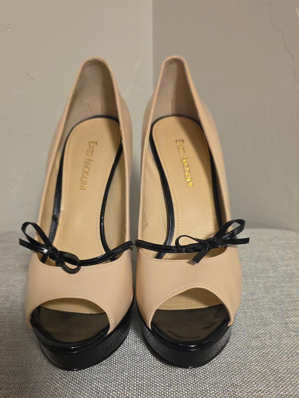 Enzo Angiolini Nude Peep-Toe Heels with Black Bow and Platform